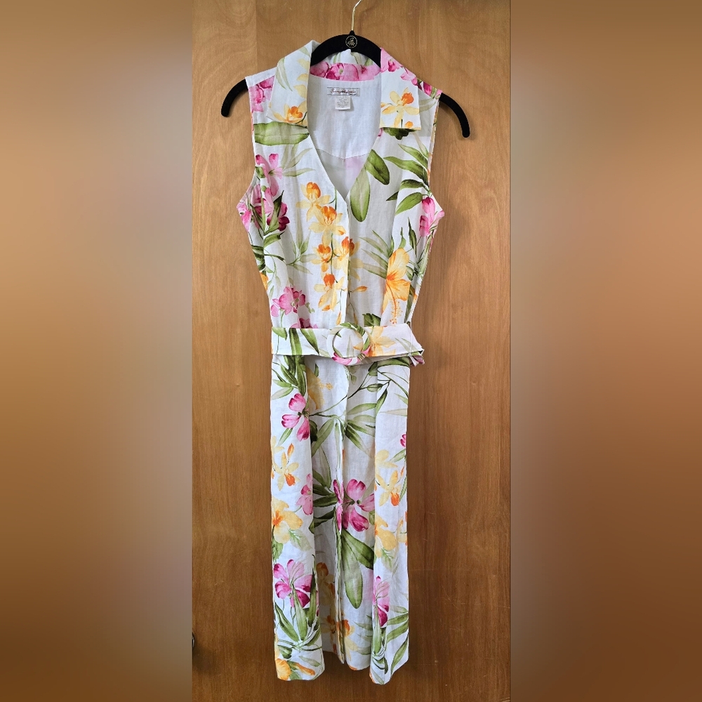 Tommy Bahama Linen Shirt Dress Size 6 Floral Sleeveless Belted Tropical Hawaiian